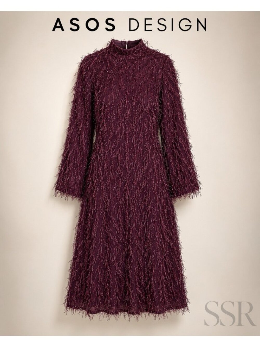 ASOS DESIGN Burgundy Eyelash Fringe Long Sleeve Midi Dress Mock Neck Party sz 10